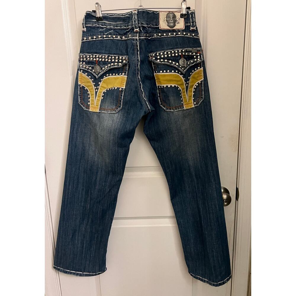 VTG Y2K Biker Laguna Beach men's blue jeans 32 flap pockets studs Skulls Grunge